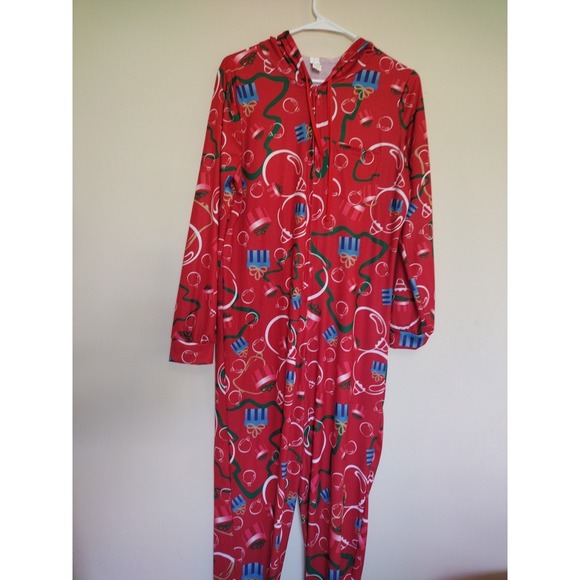 Red Christmas One Piece Hoodie Pajama Unisex Medium‎ AOP With Ornaments Bells - Picture 2 of 8